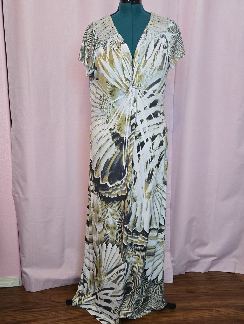 ONE WORLD Olive, White & Black Printed Maxi Dress